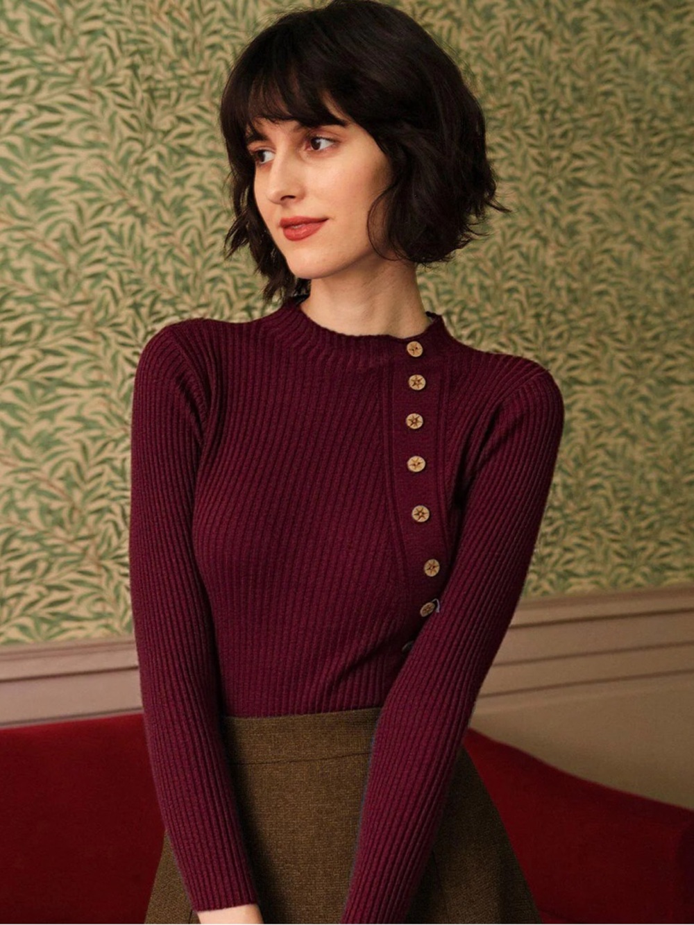 RIHOAS Burgundy Mock Neck Ribbed Top with Side Buttons